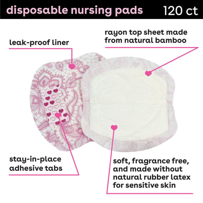 Features disposable nursing pads that include a leak-proof liner with adhesive tabs