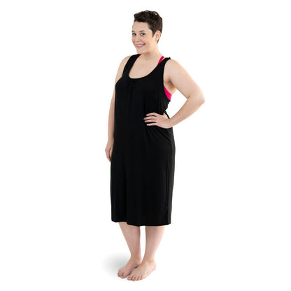 Front of woman wearing black nursing nightgown