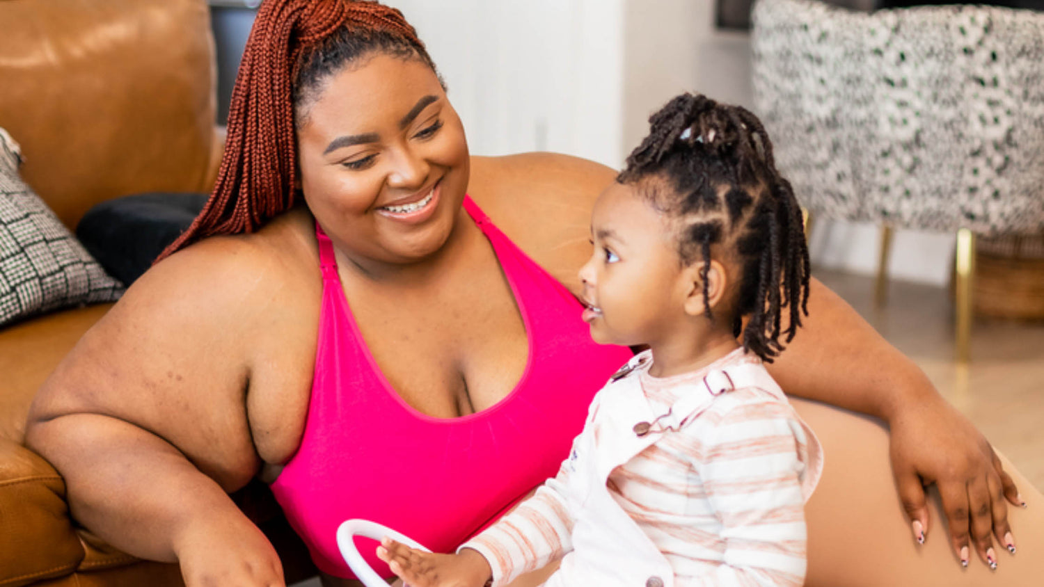 woman wearing bamboobies bra next to toddler